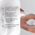 Medik8 gentle cleanse infographic, listing product features, removes makeup and impurities, leaves sking comfortable and refreshed, formulated for very sensitive skin types