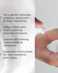 Medik8 gentle cleanse infographic, listing product features, removes makeup and impurities, leaves sking comfortable and refreshed, formulated for very sensitive skin types