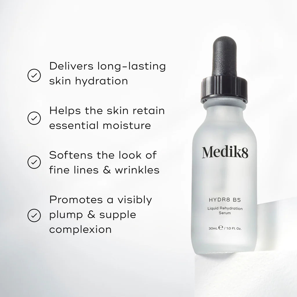 Medik8 serum bottle with text highlighting its benefits on a white background
