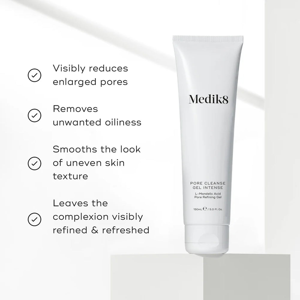 Medik8 Pore Cleanse Gel Intense tube image on white background with product benefits listed