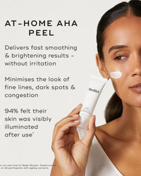 medik8 at-home AHA peel inforgraphic, fast smoothing, brightening results, minimises fine lines, dark spots, congestion, illuminated skin