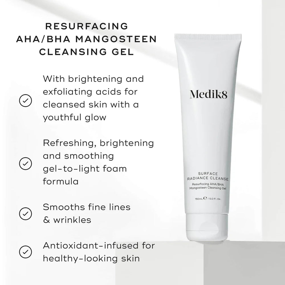 Medik8 Radiance cleansing gel with product benefits on a white background