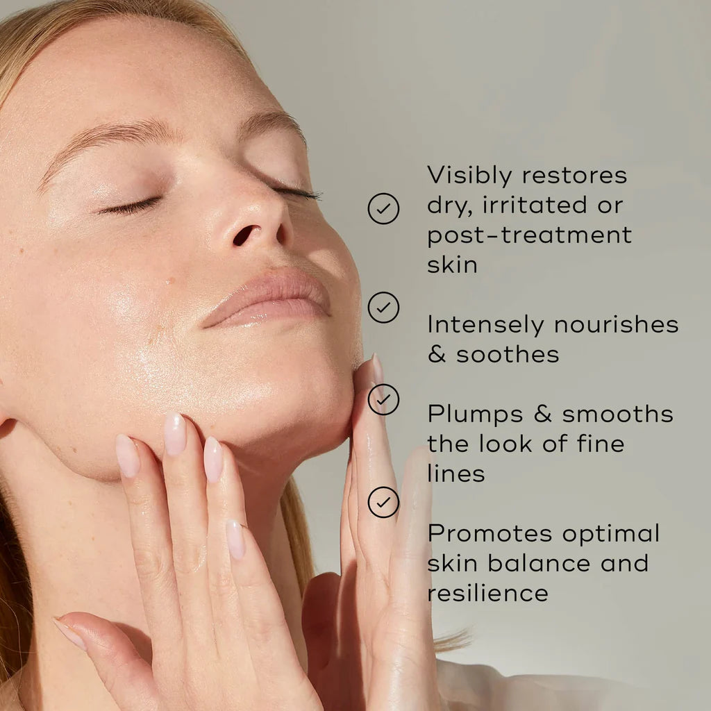 Medik8 Ultimate Recovery Bio Cellulose Mask, infographic, visibly restores dry, irritated, post-treatment skin, intensely nourises, plums and sooths, promotes optimal skin balance and resilience