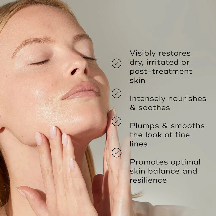 Medik8 Ultimate Recovery Bio Cellulose Mask, infographic, visibly restores dry, irritated, post-treatment skin, intensely nourises, plums and sooths, promotes optimal skin balance and resilience