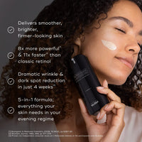 Woman applying r-Retinoate Intense whilst holding the product with product benefit details on a dark background