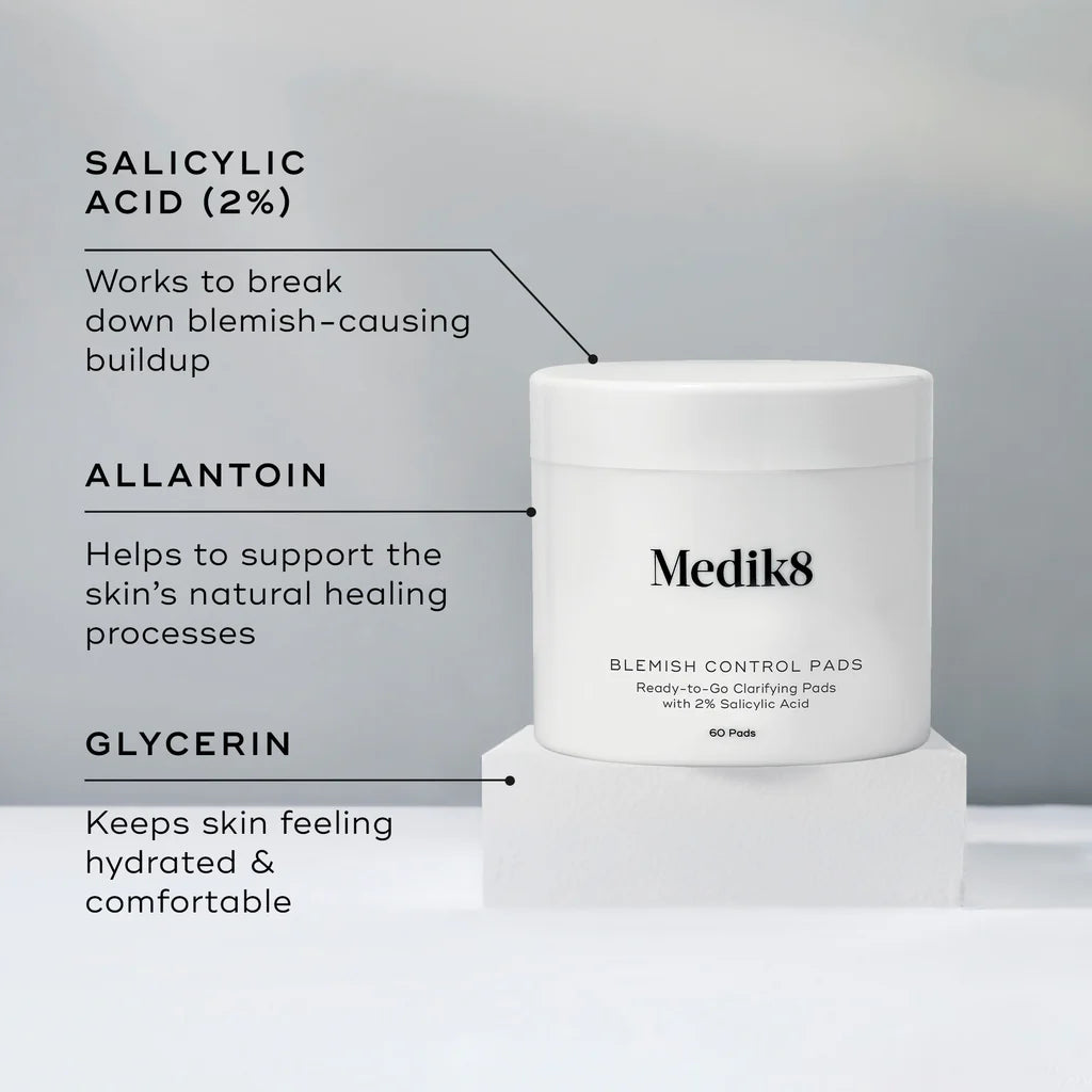 Medik8 blemish control pads with text on key benefits on salicylic acid, allantoin, and glycerin benefits.