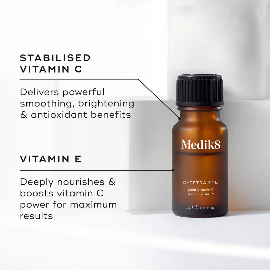 Medik8 C-Tetra Eye serum bottle with text about stabilized vitamin C and vitamin E benefits on a white background.