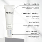 Medik8 Calmwise Colour Correct tube with key ingredients (Bakuchiol 0.5%, Chamomile Extract, Niacinamide, Green Mineral Pigments)