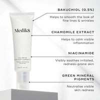 Medik8 Calmwise Colour Correct tube with key ingredients (Bakuchiol 0.5%, Chamomile Extract, Niacinamide, Green Mineral Pigments)