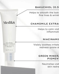Medik8 Calmwise Colour Correct tube with key ingredients (Bakuchiol 0.5%, Chamomile Extract, Niacinamide, Green Mineral Pigments)