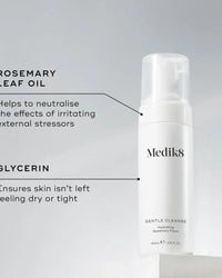medik8 gentle cleanse ingredient infographic, rosemary leaf oil, neutralises the effects of irritating external stressors, glycerin, ensures skinisn't left dry or tight, white plastic pump bottle with lid, clear plastic cap, 