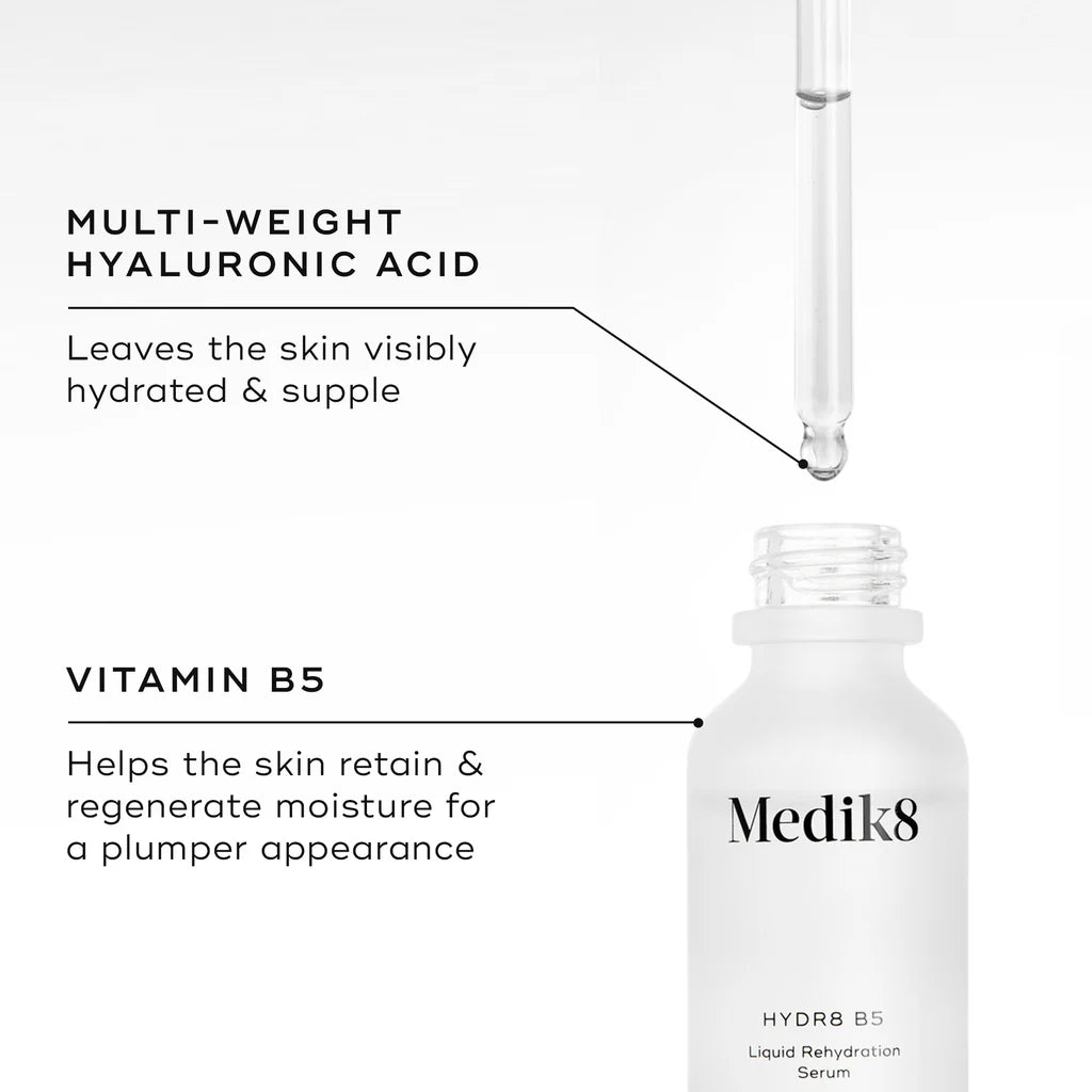Medik8 HYDR8 B5 serum bottle with dropper and text about hyaluronic acid and vitamin B5 on a white background