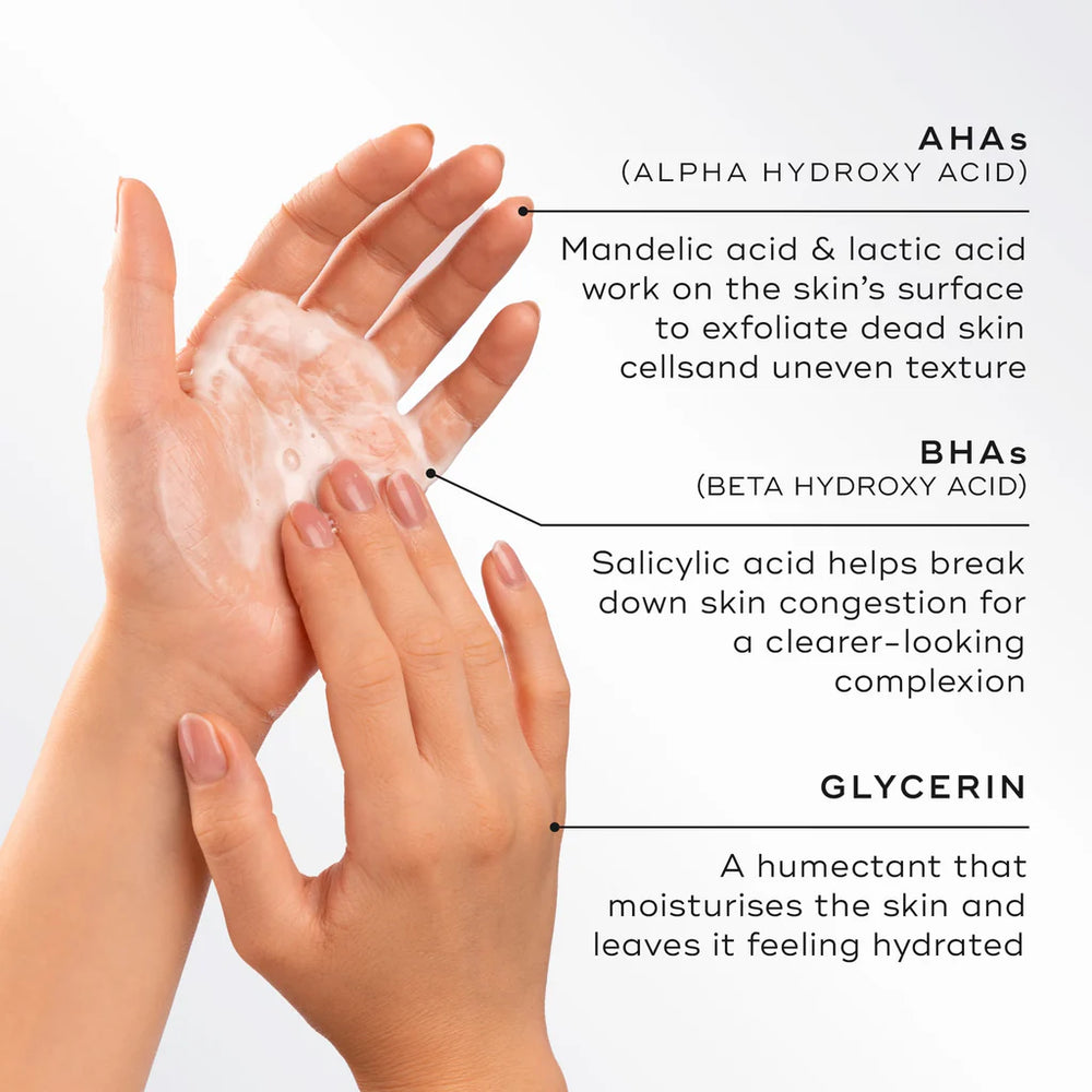 Hands applying Medik8 Surface Radiance Cleanse with text explaining benefit of key ingredients (AHAs, BHAs, and Glycerin)