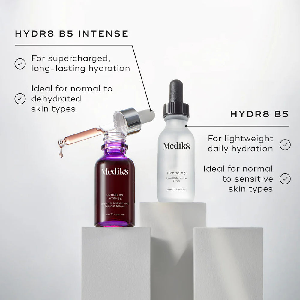 Two Medik8 skincare products on a white background with text describing their uses.