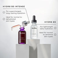 Two Medik8 skincare products on a white background with text describing their uses.