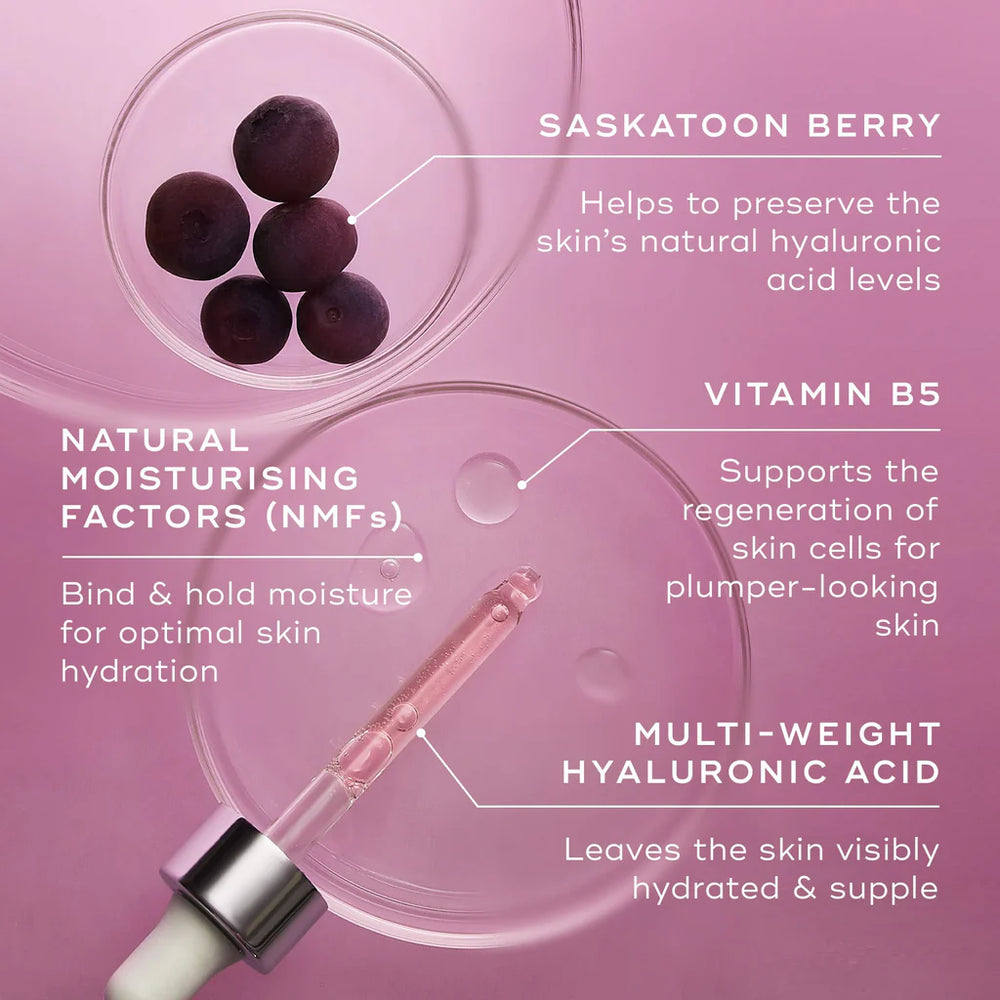Medik8 Ingredients and benefits (saskatoon berry, vitamin B5, and hyaluronic acid) on a pink background