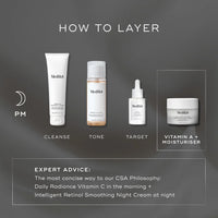 Skincare product lineup with 'How to Layer' guide on a dark background