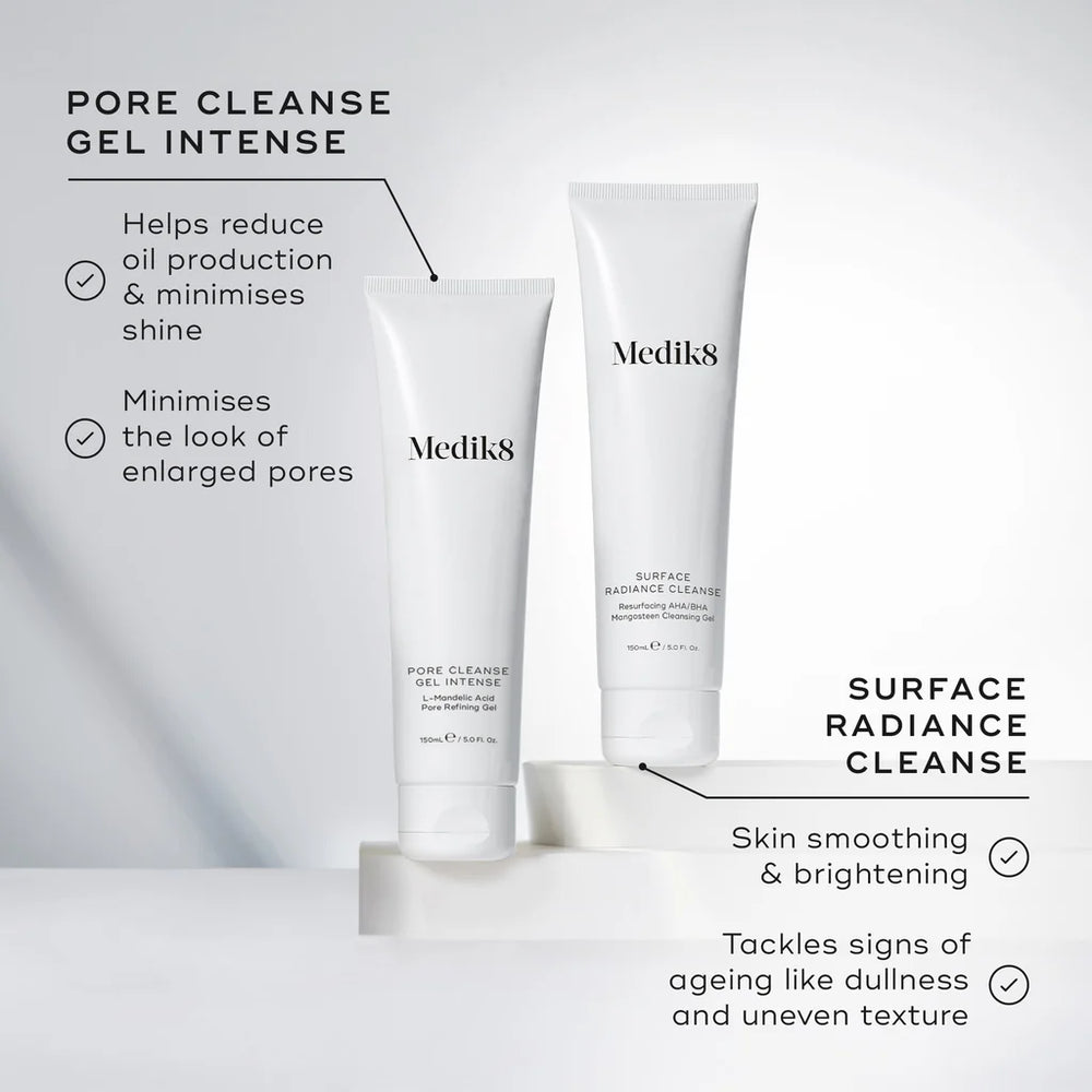 Product photo with comparison of the Medik8 Pore Cleanse Gel Intense and Medik8 Surface Radiance Cleanse showing benefits of both 