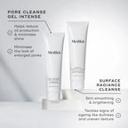 Product photo with comparison of the Medik8 Pore Cleanse Gel Intense and Medik8 Surface Radiance Cleanse showing benefits of both 