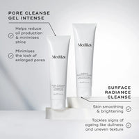 Product photo with comparison of the Medik8 Pore Cleanse Gel Intense and Medik8 Surface Radiance Cleanse showing benefits of both 
