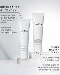 Product photo with comparison of the Medik8 Pore Cleanse Gel Intense and Medik8 Surface Radiance Cleanse showing benefits of both 