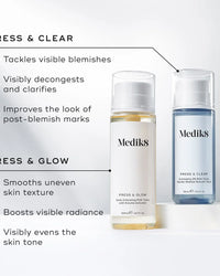 medik8 inforgraphic, press and glow, press and clear, clear plastic bottle with pump and lid, visibly decongests and clarifies, improves post-blemish marks, smooths uneven skin texture boosts visible radience, visibly evens the skin tone