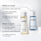 medik8 inforgraphic, press and glow, press and clear, clear plastic bottle with pump and lid, visibly decongests and clarifies, improves post-blemish marks, smooths uneven skin texture boosts visible radience, visibly evens the skin tone