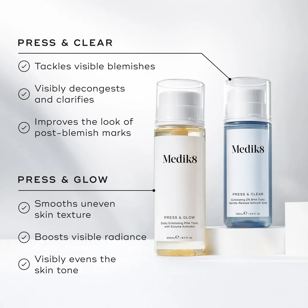 medik8 inforgraphic, press and glow, press and clear, clear plastic bottle with pump and lid, visibly decongests and clarifies, improves post-blemish marks, smooths uneven skin texture boosts visible radience, visibly evens the skin tone