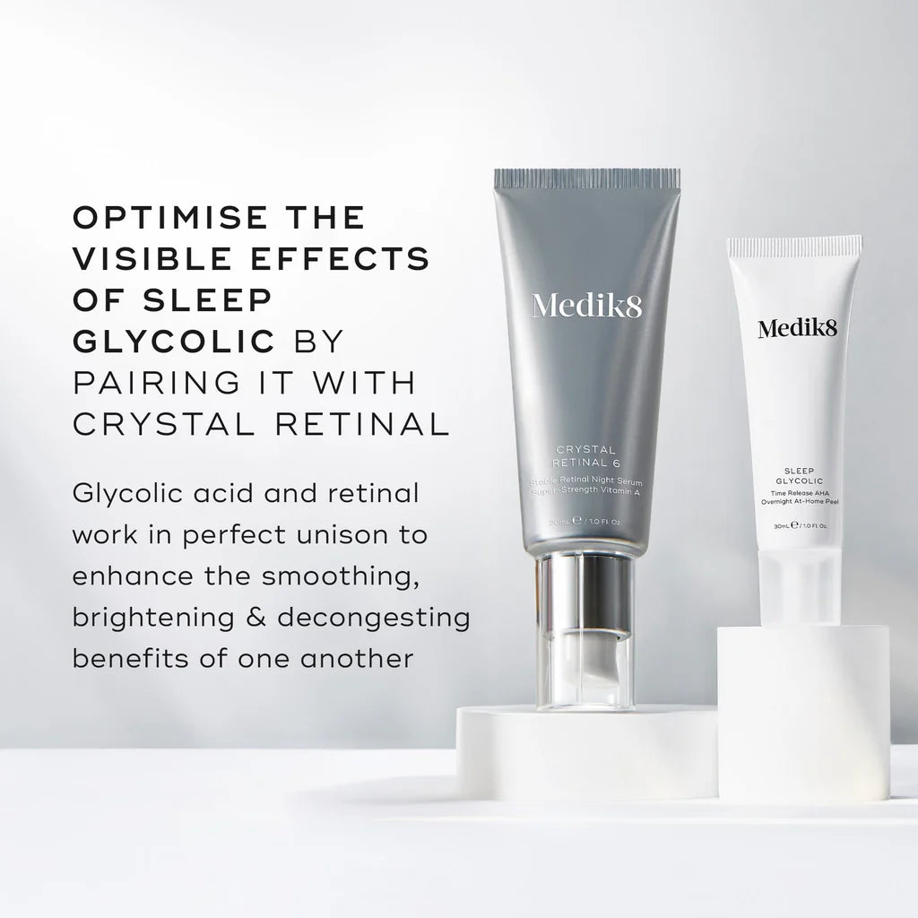 Medik8 product feature infographic, sleep glycolic, crystal retinal, glycolic acid and retinal work in unison to enhance the smoothing, brightening, decongesting