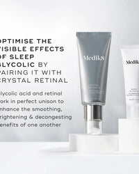 Medik8 product feature infographic, sleep glycolic, crystal retinal, glycolic acid and retinal work in unison to enhance the smoothing, brightening, decongesting