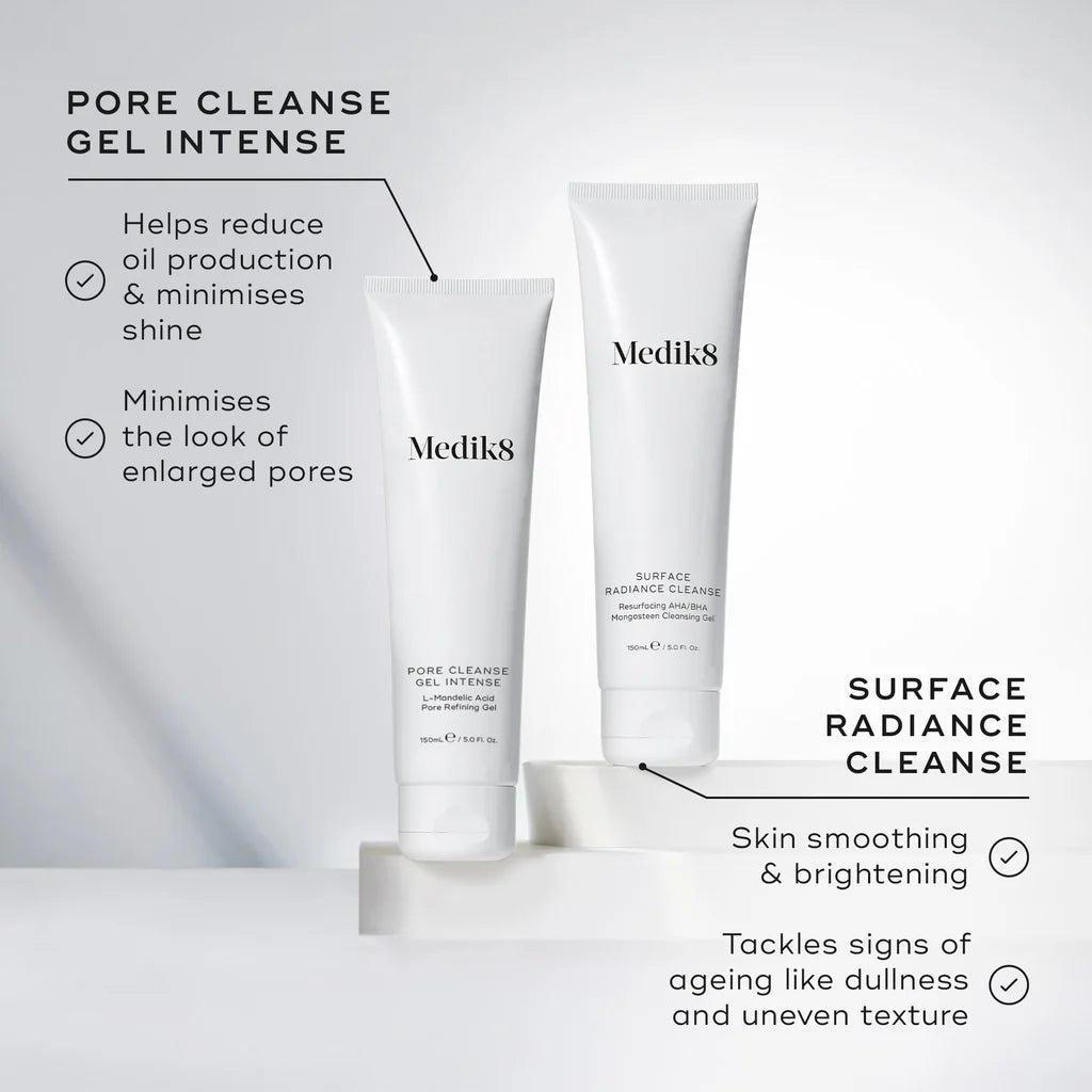 Medik8 Surface Radiance Cleanse and Medik8 Pore Cleanse Gel benefit comparison on white and grey background