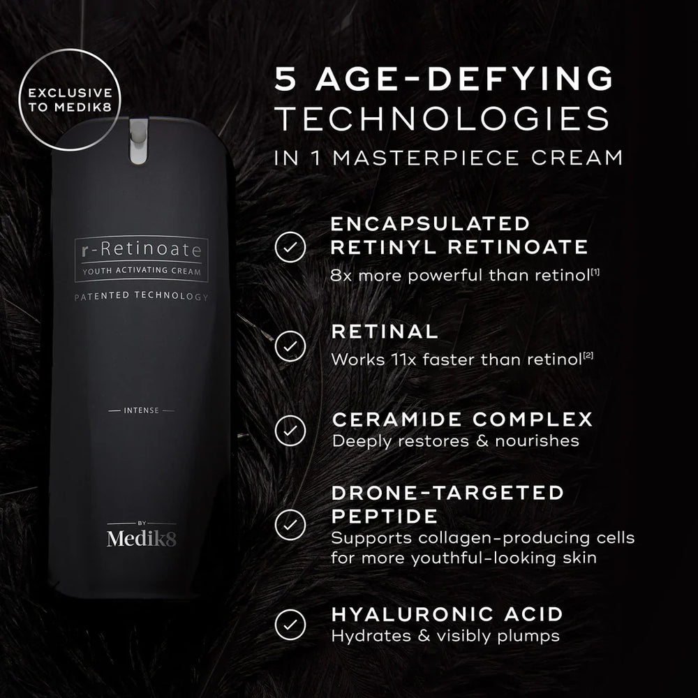 Medik8 r-Retinoate cream with age-defying technologies listed on a dark background