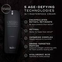 Medik8 r-Retinoate cream with age-defying technologies listed on a dark background