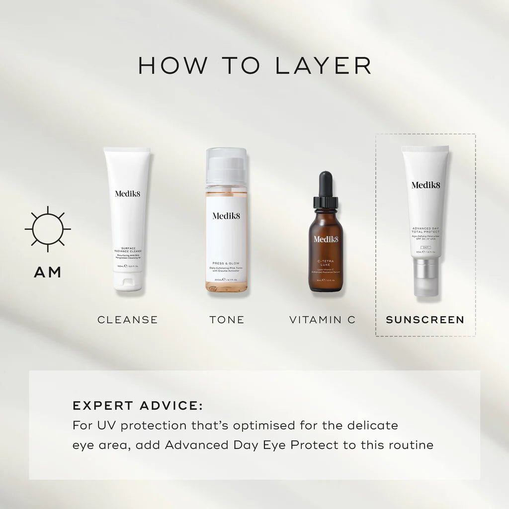 Skincare product lineup with 'How to Layer' guide on a light background