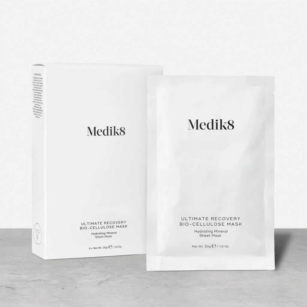 Medik8 Ultimate Recovery Bio Cellulose Mask, foil sachet packaging, white box packaging, hydrating mineral sheet mask