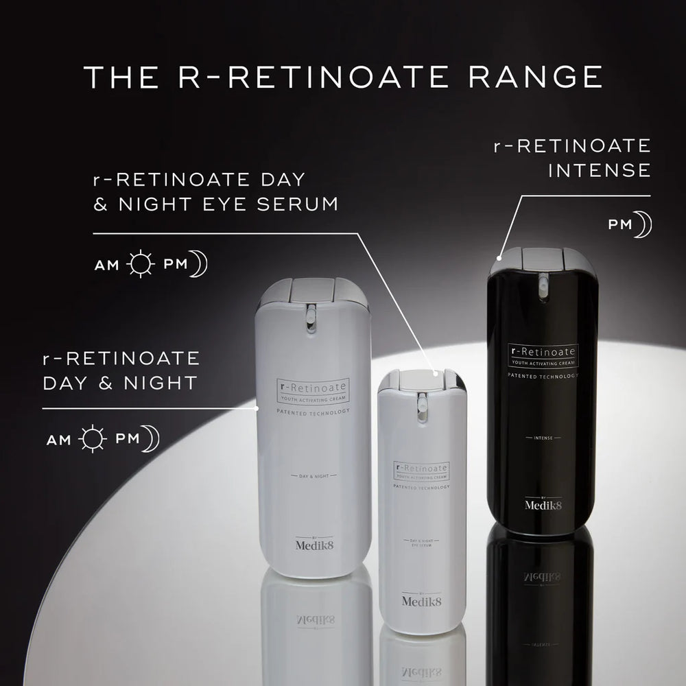 r-Retinoate skincare product range with bottles labeled 'Day & Night', 'Day & Night Eye Serum', and 'Intense' on a reflective surface.