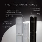 r-Retinoate skincare product range with bottles labeled 'Day & Night', 'Day & Night Eye Serum', and 'Intense' on a reflective surface.