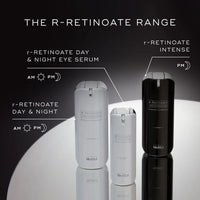 r-Retinoate skincare product range with bottles labeled 'Day & Night', 'Day & Night Eye Serum', and 'Intense' on a reflective surface.