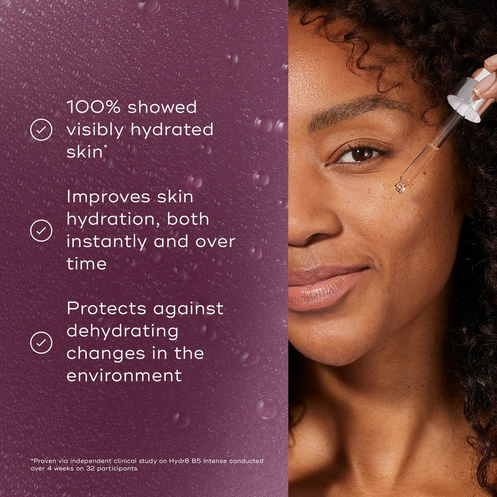 Woman applying Medik8 Hydrate B5 with text on hydration benefits on a purple background