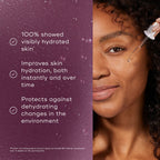 Woman applying Medik8 Hydrate B5 with text on hydration benefits on a purple background