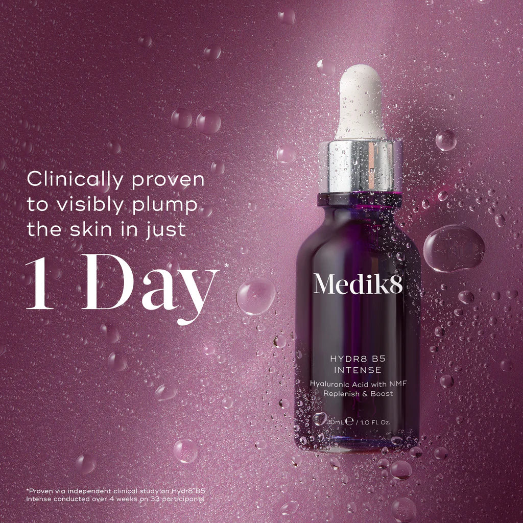 Medik8 skincare serum bottle with dropper on a purple background, with clinically proven results 
