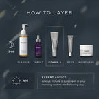 Cosmetic product layering guide with Medik8 brand products on a dark background