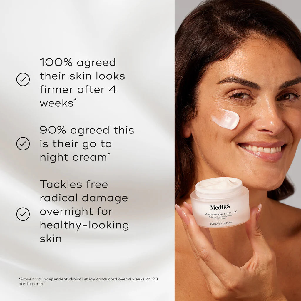 Woman holding a jar of Medik8 cream with text about skin firmness and cream popularity.