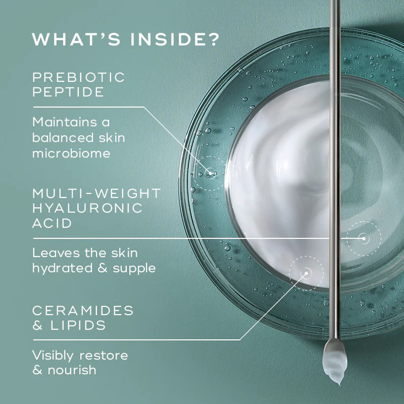 Skincare product with dropper and text detailing ingredients on a teal background