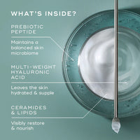 Skincare product with dropper and text detailing ingredients on a teal background
