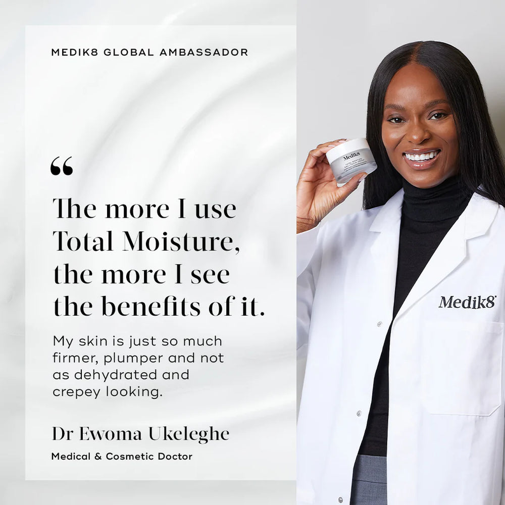 Woman in a white coat holding a Medik8 product with text about Total Moisture benefits.