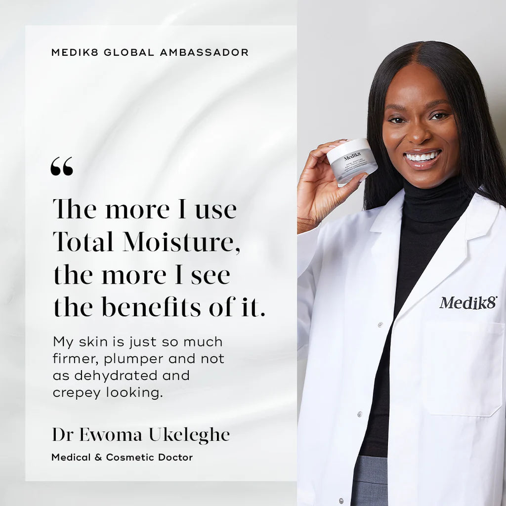 Woman in a white coat holding a Medik8 product with text about Total Moisture benefits.