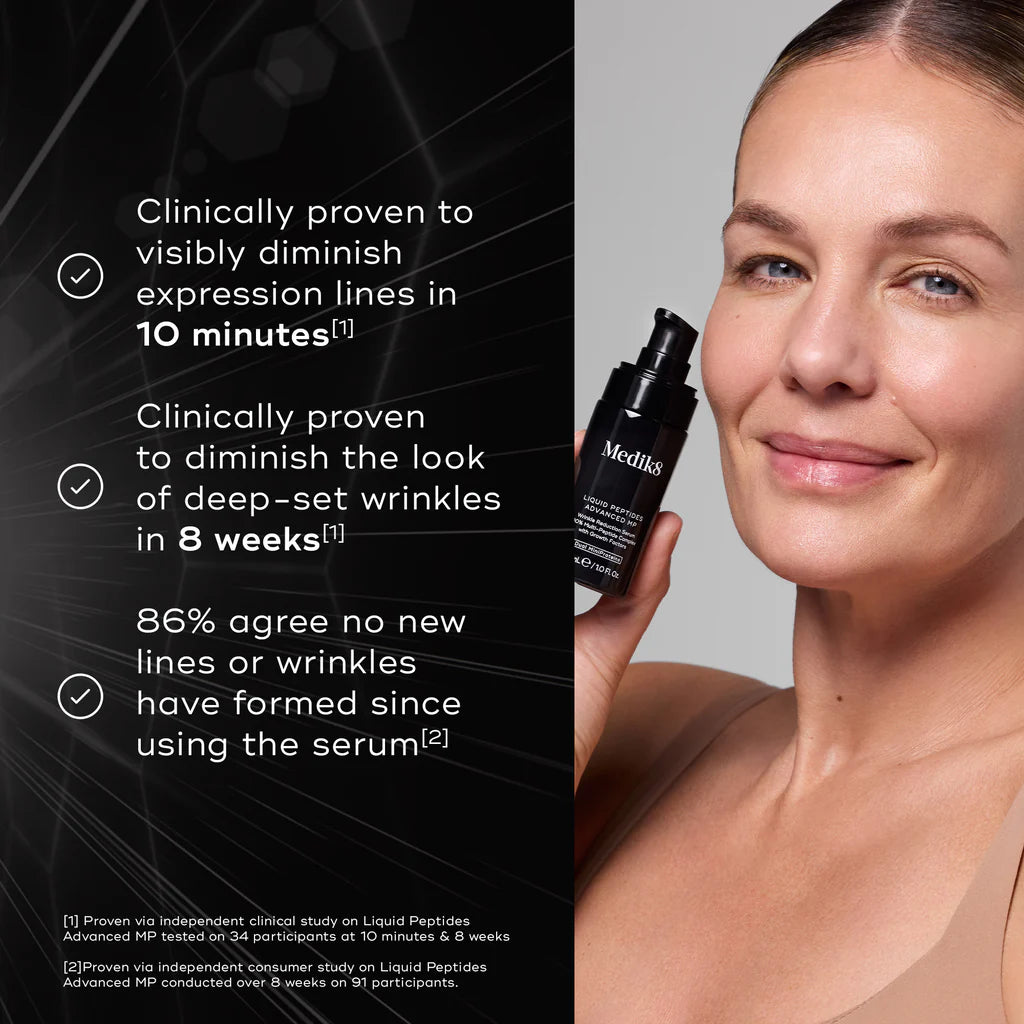 medik8 liquid peptides advance MP, woman holding black pump bottle, infographic image detailing results, advanced wrinkle treatment, topical application, clinically proven results, diminishes expression lines in 10 minutes, deep set wrinkle in 8 weeks