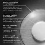 medik8 liquid peptides advance MP, infographic image detailing results, growth factor miniprotein, micro-filler hyaluronic acid, advanced wrinkle treatment, topical application, clinically proven results, expression line miniprotein