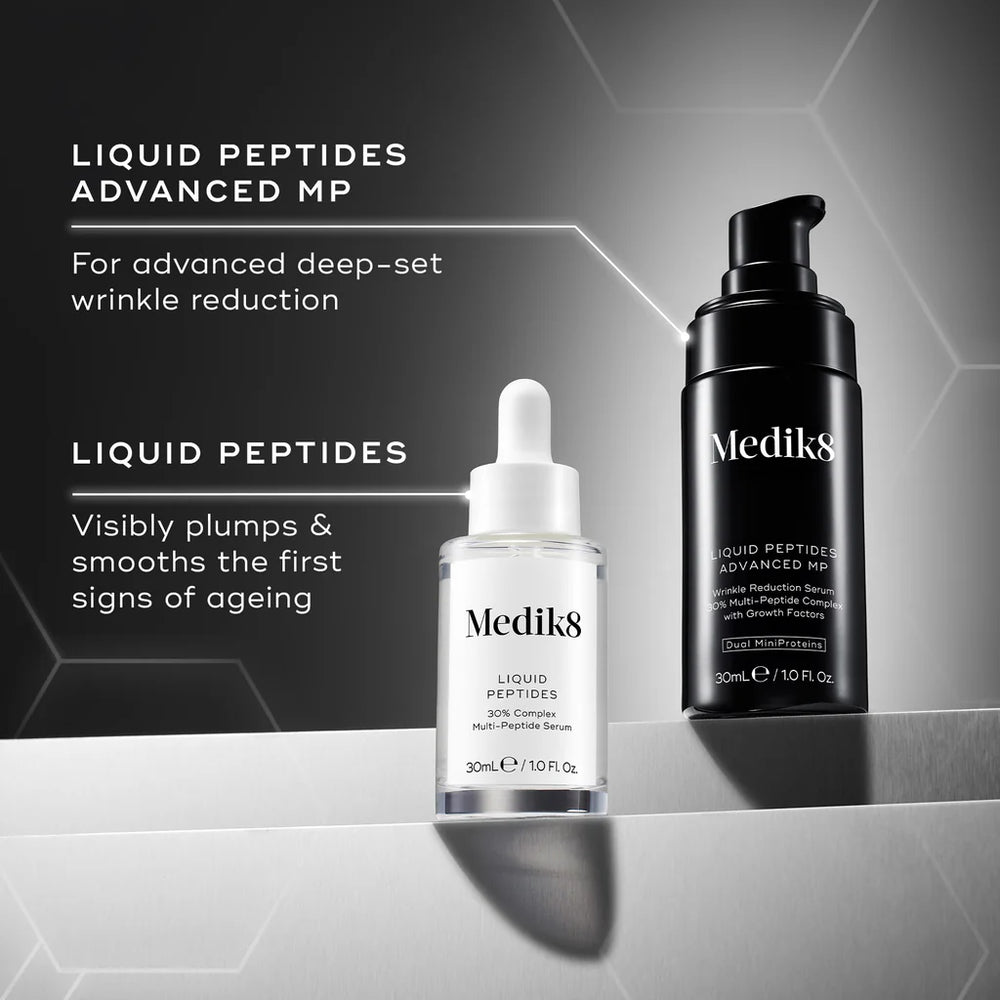 medik8 liquid peptides advance MP, woman holding black pump bottle, infographic image comparing to Medik8 liquid peptides, advanced wrinkle treatment, visibly plums and smooths, topical application, clinically proven results, diminishes expression lines in 10 minutes, deep set wrinkle in 8 weeks
